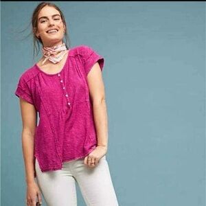 Anthropologie Eri Ali Julie Short Sleeve Henley Tunic Top Size S In Fucshia